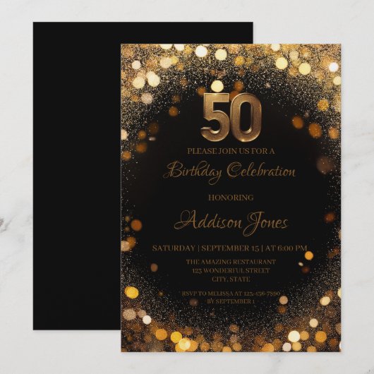Elegante zwarte & gouden uitnodiging voor 50e verj (Voorkant / Achterkant)