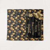 Elegante zwarte gouden verjaardagsballonnen achter wandkleed (Voorkant (horizontaal))