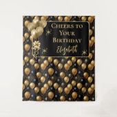 Elegante zwarte gouden verjaardagsballonnen achter wandkleed (Voorkant)