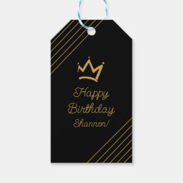 Elegante zwarte gouden verjaardagskroon cadeaulabel