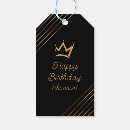 Elegante zwarte gouden verjaardagskroon cadeaulabel (Voorkant)