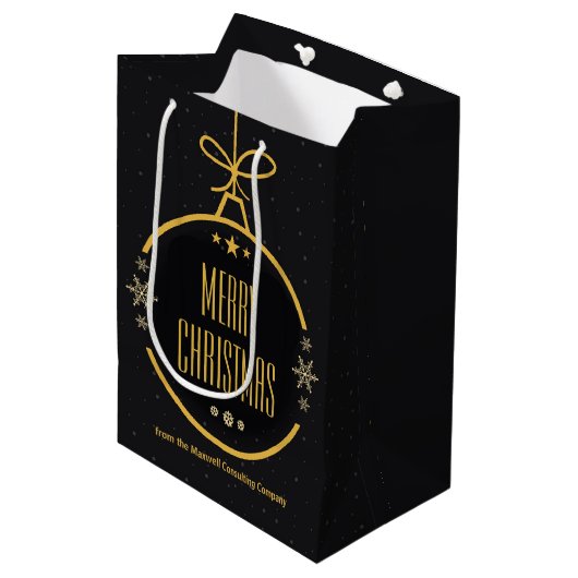 Elegante Zwarte Gouden Vrolijk Kerstmis Aangepast Medium Cadeauzakje (Voorkant Gekanteld)