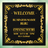 Elegante Zwarte & Gouden Wervel Frame Openingstijd Raamsticker (Vel 3)