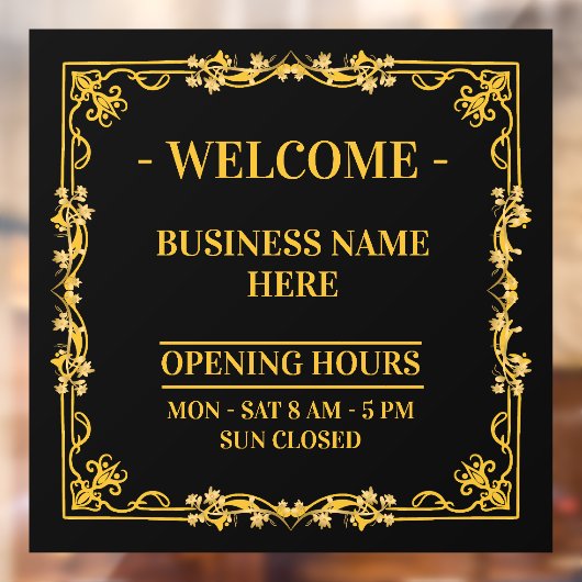 Elegante Zwarte & Gouden Wervel Frame Openingstijd Raamsticker (Vel 2)