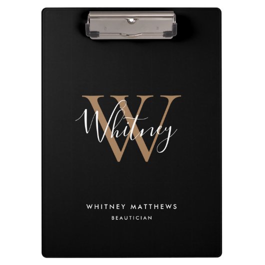 Elegante zwarte gouden witte script monogram klemb klembord (Voorkant)