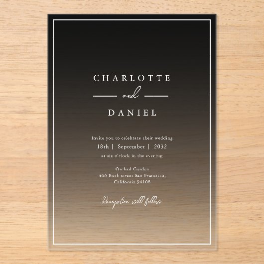 Elegante zwarte gradiënt acryl bruiloft acryl uitnodigingen (Voorkant)