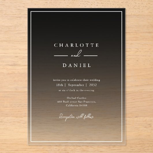 Elegante zwarte gradiënt acryl bruiloft uitnodigingen (Voorkant)