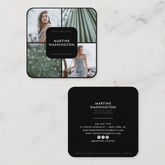 Elegante zwarte grens fotograaf modern minimaal vierkante visitekaartje (Voorkant / Achterkant)