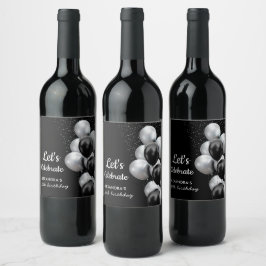 Elegante zwarte grijze ballon Chic verjaardag Wijn Etiket