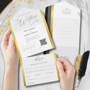 Elegante Zwarte Grijze Gouden Streep Trouwfeest All In One Uitnodiging