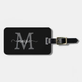Elegante Zwarte Grijze Monogram Initiaal Script Na Bagagelabel (Voorkant horizontaal)