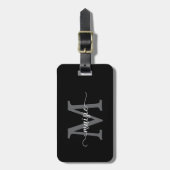Elegante Zwarte Grijze Monogram Initiaal Script Na Bagagelabel (Voorkant verticaal)