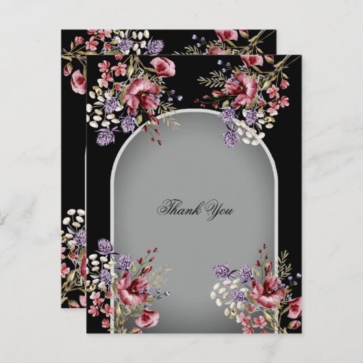 Elegante Zwarte Grijze Mooie Bloemige Bedankkaart (Voorkant / Achterkant)