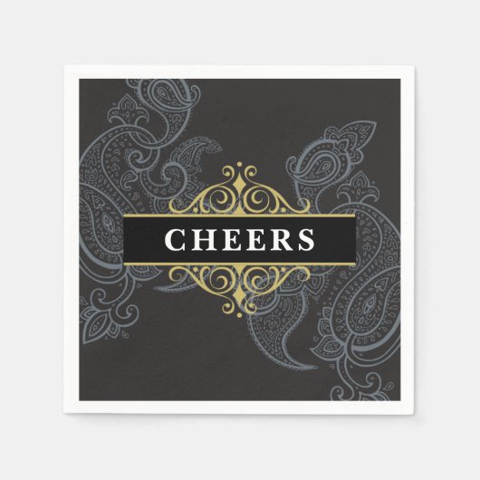 Elegante zwarte grijze paisley feest cocktail servet (Voorkant)