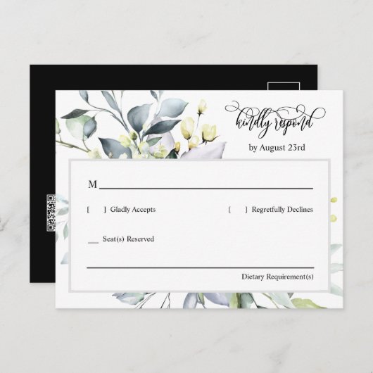 Elegante Zwarte Groene Bladeren QR Code Adres RSVP Briefkaart (Voorkant / Achterkant)