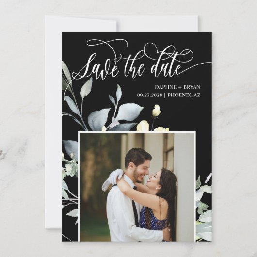 Elegante Zwarte Groene Bladeren QR Code Foto Bruil Save The Date (Voorkant)