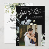 Elegante Zwarte Groene Bladeren QR Code Foto Bruil Save The Date (Voorkant / Achterkant)