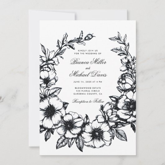 Elegante zwarte hand getrokken krans in bloei brui kaart (Voorkant)