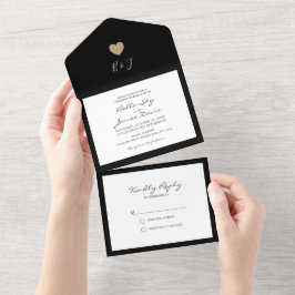 Elegante zwarte hart all-in-one trouwuitnodiging all in one uitnodiging