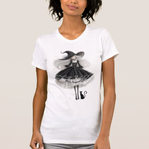 Elegante Zwarte Heks – Gotische Aquarel Kunst T-shirt