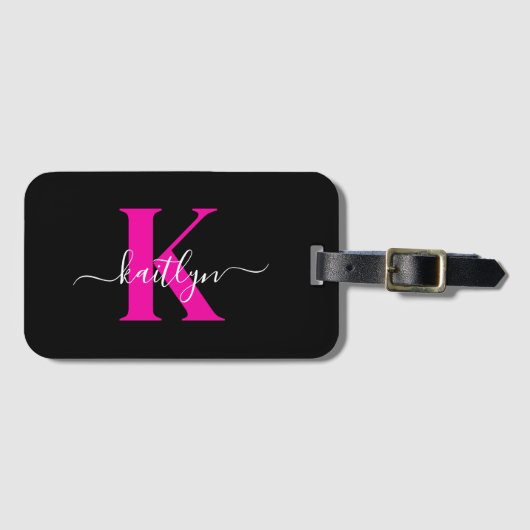 Elegante Zwarte Hot Pink Script Monogram Bagagelabel (Voorkant (horizontaal))