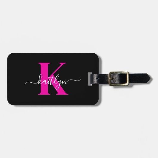 Elegante Zwarte Hot Pink Script Monogram Bagagelabel (Voorkant horizontaal)