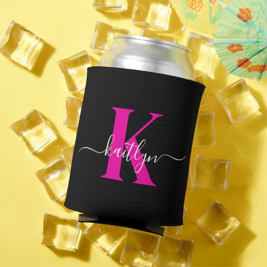 Elegante Zwarte Hot Pink Script Monogram Blikjeskoeler (Insitu Zomer)