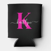Elegante Zwarte Hot Pink Script Monogram Blikjeskoeler (Voorkant)