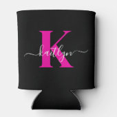 Elegante Zwarte Hot Pink Script Monogram Blikjeskoeler (Achterkant)