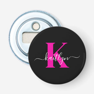 Elegante Zwarte Hot Pink Script Monogram Button Flesopener