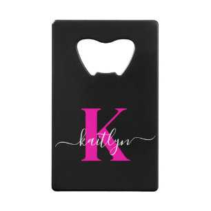 Elegante Zwarte Hot Pink Script Monogram Creditkaart Flessenopener