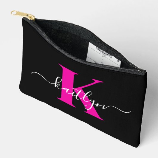 Elegante Zwarte Hot Pink Script Monogram Etui (Open)
