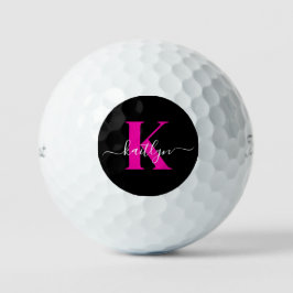 Elegante Zwarte Hot Pink Script Monogram Golfballen