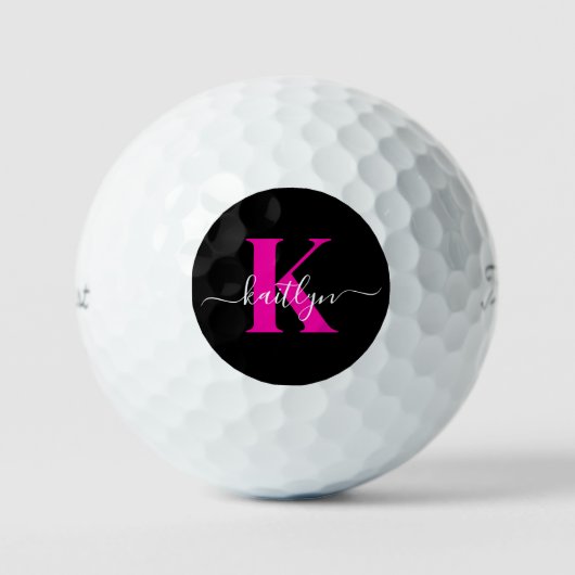 Elegante Zwarte Hot Pink Script Monogram Golfballen (Voorkant)