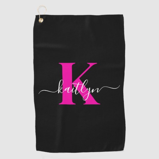 Elegante Zwarte Hot Pink Script Monogram Golfhanddoek (Voorkant)