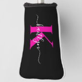 Elegante Zwarte Hot Pink Script Monogram Golfheadcover (Draai 90)