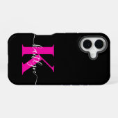 Elegante Zwarte Hot Pink Script Monogram iPhone 16 Hoesje (Achterkant horizontaal)