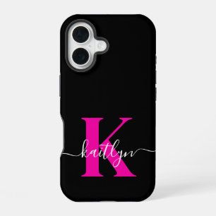 Elegante Zwarte Hot Pink Script Monogram iPhone 16 Hoesje