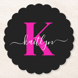 Elegante Zwarte Hot Pink Script Monogram Kartonnen Onderzetters