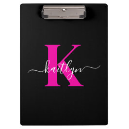 Elegante Zwarte Hot Pink Script Monogram Klembord
