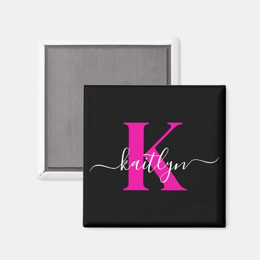 Elegante Zwarte Hot Pink Script Monogram Magneet (Voorkant / Achterkant)