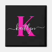 Elegante Zwarte Hot Pink Script Monogram Magneet (Voorkant)