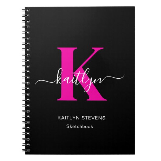Elegante Zwarte Hot Pink Script Monogram Notitieboek (Voorkant)