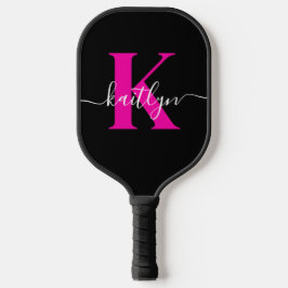 Elegante Zwarte Hot Pink Script Monogram Pickleball Paddle