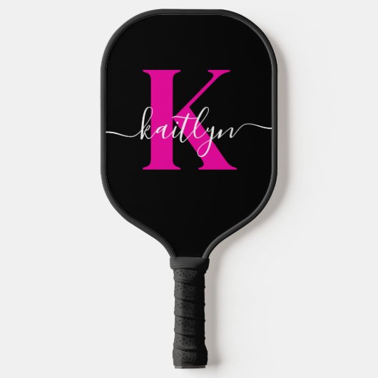 Elegante Zwarte Hot Pink Script Monogram Pickleball Paddle (Voorkant)
