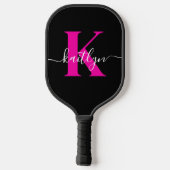 Elegante Zwarte Hot Pink Script Monogram Pickleball Paddle (Achterkant)