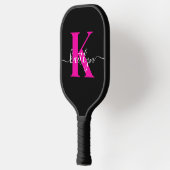 Elegante Zwarte Hot Pink Script Monogram Pickleball Paddle (Links)