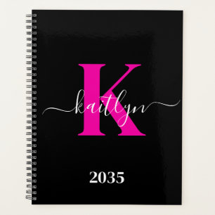 Elegante Zwarte Hot Pink Script Monogram Planner