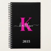 Elegante Zwarte Hot Pink Script Monogram Planner (Voorkant)
