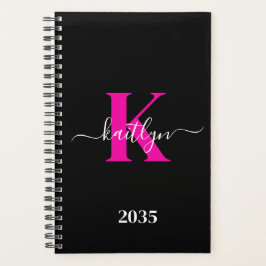 Elegante Zwarte Hot Pink Script Monogram Planner